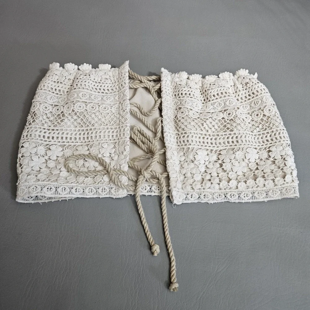 Just Bee Queen Ivory Crochet Lace 2-Piece Set Bandeau Top & Fringed Maxi Skirt M - Picture 11 of 14